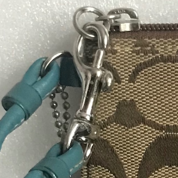 Coach Teal/Khaki Canvas Leather Wristlet Mini Pouch - Picture 16 of 16